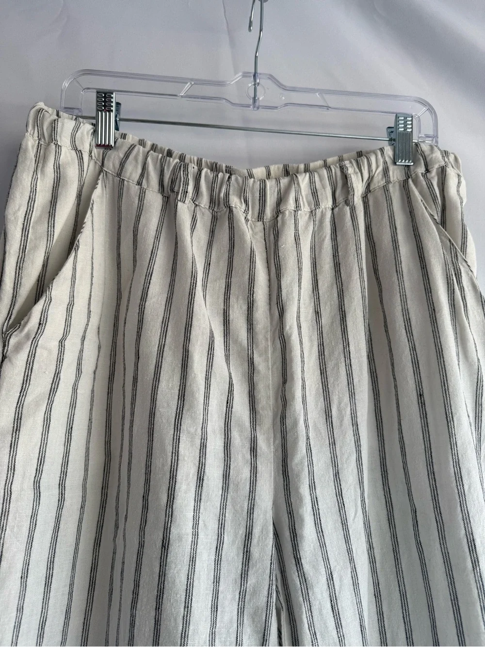 Quince 100% European Linen Striped Pull-On Pants Cream Black Size L